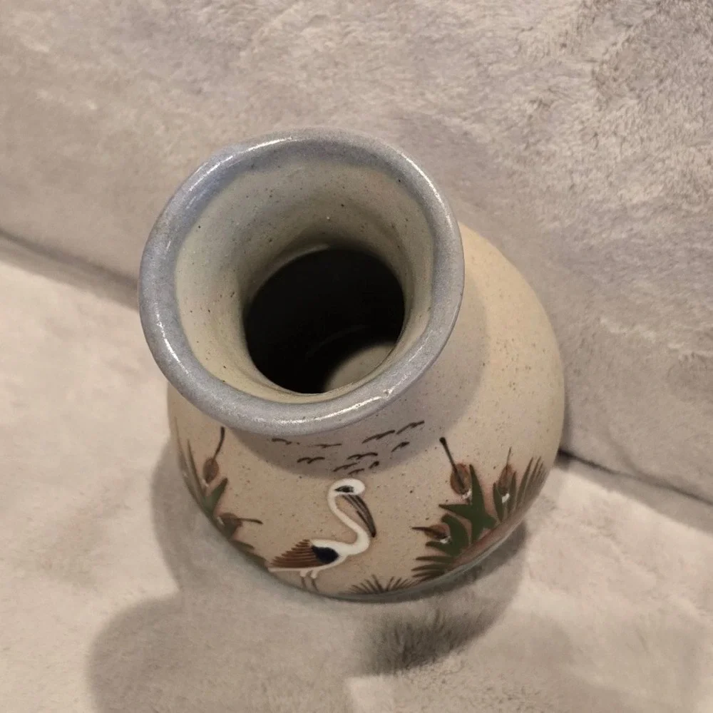 Vintage Tonala Mexico Hand Painted Pottery Vase Crane Heron Bird Stoneware 6.5in